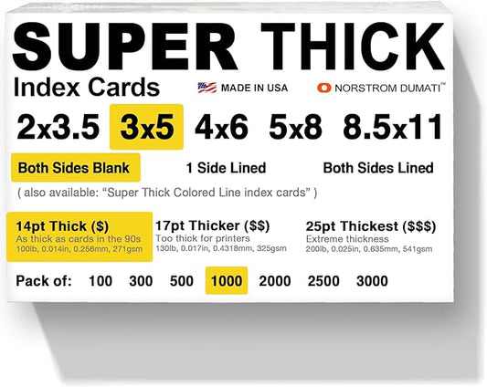 1,000 SUPER THICK index cards / 3"x5" / 14pt (0.014") 100lb / blank un-ruled/archival acid-free in bulk