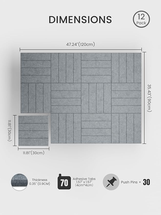 Bumusty Large Cork Board Alternative-48 x 36" Felt Bulletin Board Tiles, with 30 Pushpins, 70 Adhesive Tabs, 12-Pack Slat Wall Paneling, Cork Boards for Office Push Pin Board Felt Board-Blue Gray