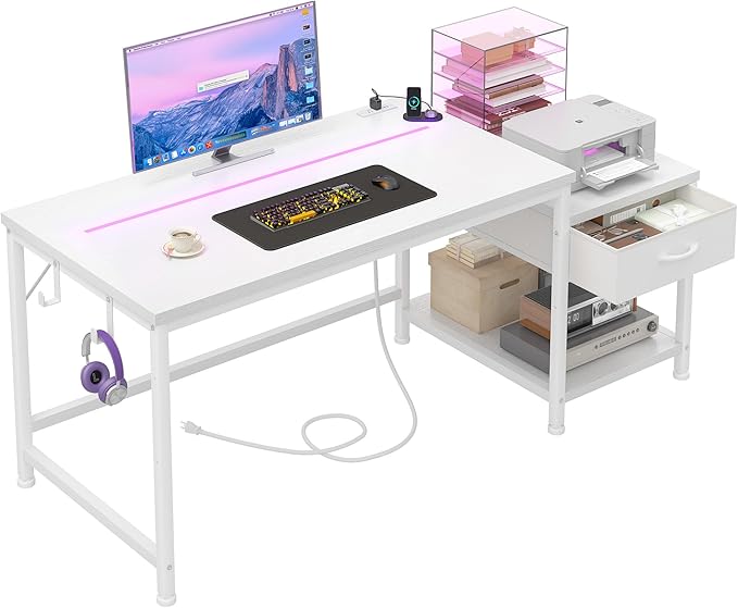 48.1 Inch White Desk with Drawers & Shelf to Storage,Computer Desk with Power Outlet & LED Lights,Reversible Office Desk with Hooks for Headphone,Bags,Small Desk for Bedroom,Dorm,Teens Study Room