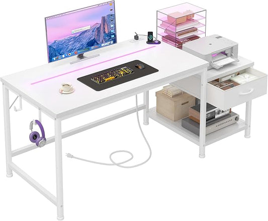 48.1 Inch White Desk with Drawers & Shelf to Storage,Computer Desk with Power Outlet & LED Lights,Reversible Office Desk with Hooks for Headphone,Bags,Small Desk for Bedroom,Dorm,Teens Study Room