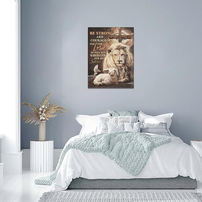 yerretin Lion Of Judah Wall Art Christian Bible Verses Pictures Wall Decor Religious Lamb Lion Canvas Painting Modern Home Artwork for Bathroom Bedroom Office Living Room Framed 12"x16"