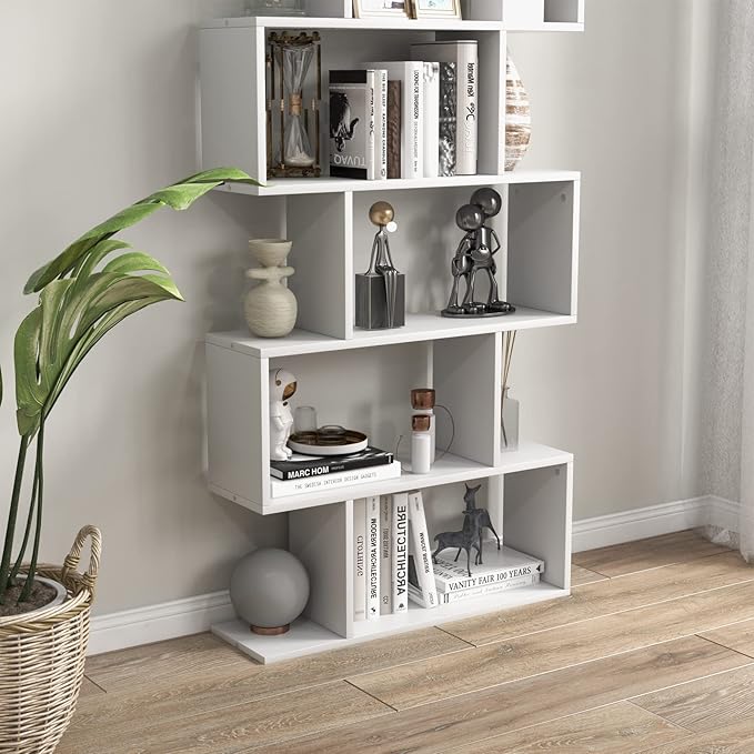 Tangkula 6-Tier Geometric Bookcase, Modern S-Shaped Storage Display Bookshelf for Living Room, Anti-Toppling Device, Home Office Wooden 6 Shelf Open Bookcase (1, White)