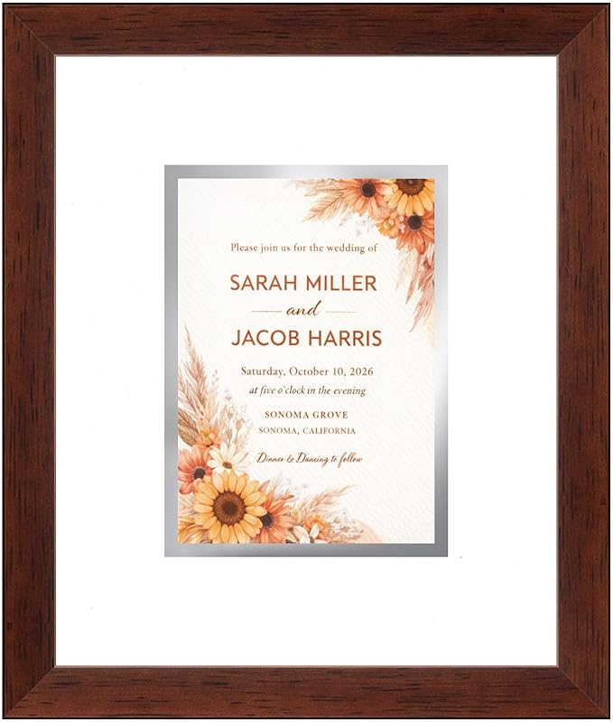 Poster Palooza Wedding Invitation Picture Frame 11.25x13.25 in Brown With White and Metallic Silver Double Mat for 5.5x7.5 Boutique Keepsake | USA Made