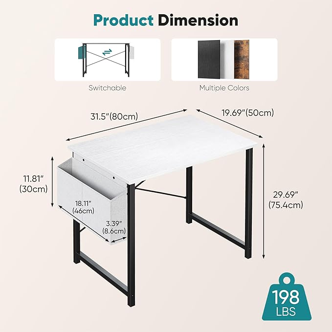 OLIXIS Computer Desk 31 Inch Home Office Desks for Small Spaces, Gaming Writing Study Work Table with Storage Bag and Headphone Hook for Bedroom, White