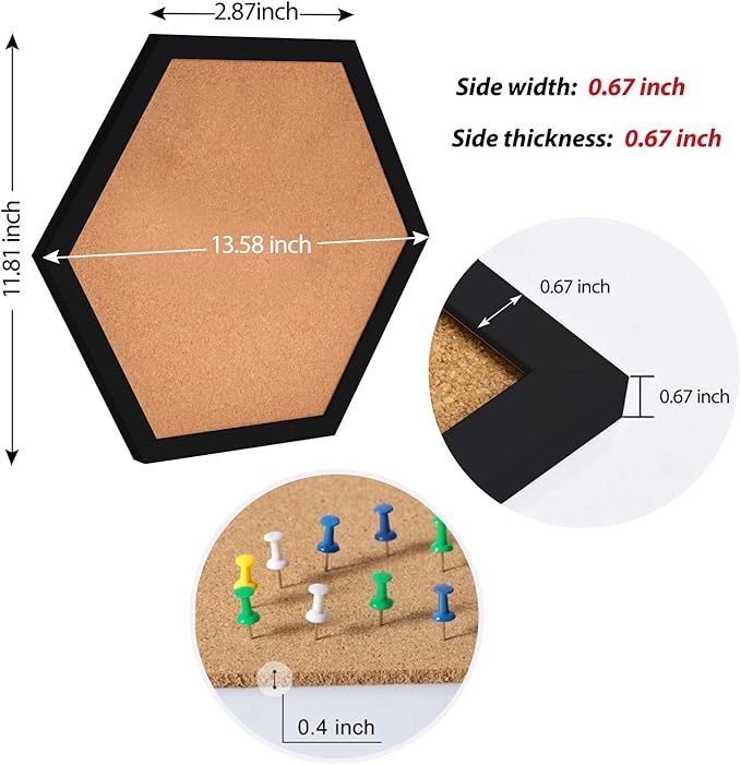 AkTop Cork Bulletin Board Hexagon 4 Pack, Small Framed Corkboard Tiles for Wall, Thick Decorative Display Boards for Home Office Decor, School Message Board with 16 Push Pin Wood Clips, Black