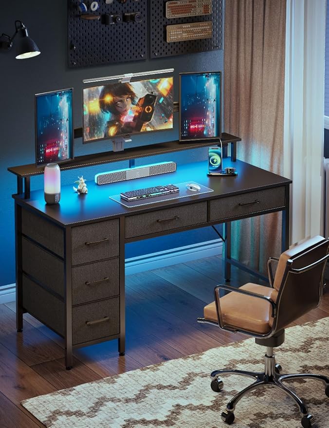 Seventable Computer Desk with Power Outlets & LED Light, 55 inch Home Office Desk with 5 Drawers, Writing Desk with Monitor Stand, Work Desk for Home Office, Black
