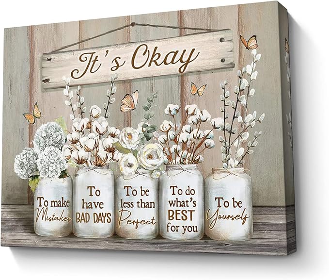 Parylore Floral Farmhouse Wall Art Canvas Encouraging Bible Verse On Marson Jars and Butterfly Print Wall Decor It's Okay Inspirational Quotes Picture Framed for Bedroom Decor 12x16 In