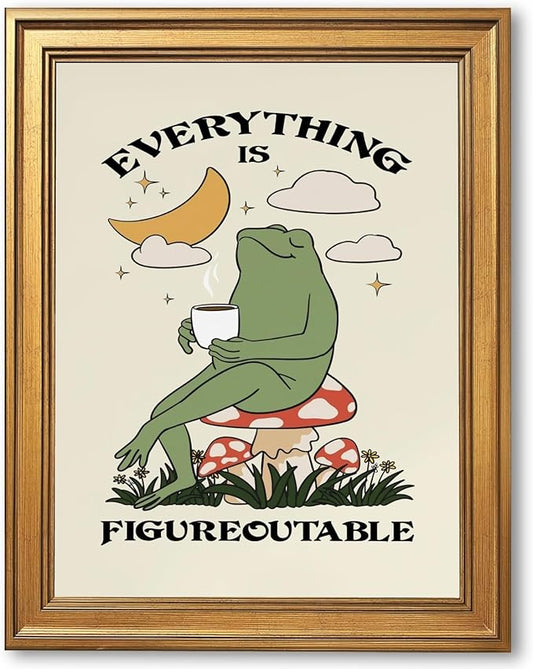 Everything Is Figureoutable Motivational Wall Art Funny Frog Coffee Inspirational Poster Positive Quote Daily Reminder Canvas Print Affirmation Wall Decor for Home Office 24x36inch Vintage Framed