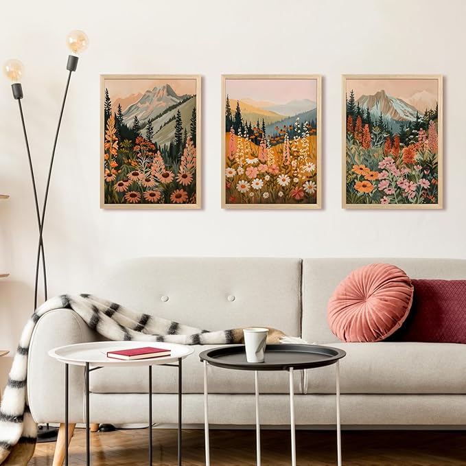 Hianan Boho Daisy Sunset Wall Art, Colorful Mountain Wildflower Wall Decor, Vintage Wildflower Canvas Painting, Modern Botanical Flower Aesthetic Picture for Bedroom Living Room Wood Framed 12"x16"x3