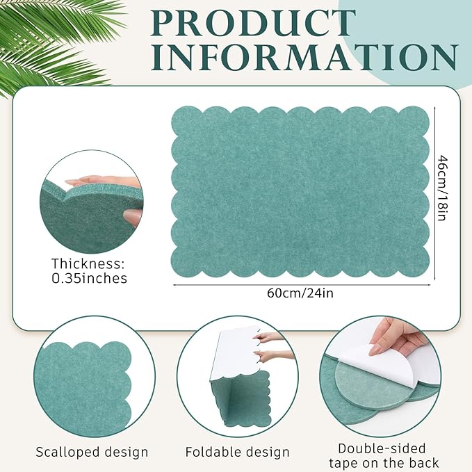 Scalloped Felt Bulletin Board 24 x 18 Inches Foldable Forest Green Pin Cork Board Alternative for Wall, 2' x 1.5' Trifold Picture Vision Self Adhesive Bulletin Decorative