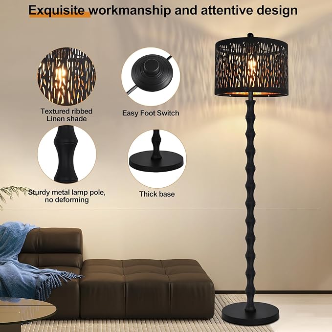 Black Floor Lamp for Living Room Bedroom,Farmhouse Rustic Tall Lamp,Vintage Modern Standing Lamp with Unique Drum Lampshade,Gothic Mid Century Iron Floor Lamp for Office Corner(Bulb Included)