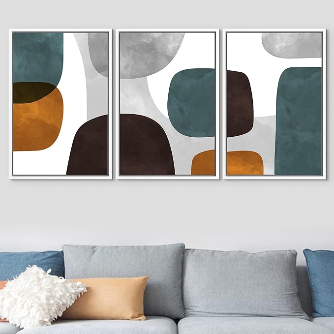 SIGNFORD Framed Wall Art Print Set Pastel Watercolor Geometric Blots Shape Abstract Illustrations Modern Decorative Multicolor Relax/Calm Chic for Living Room, Bedroom, Office - 24"x36"x3 White