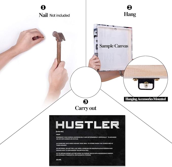 Inspirational Posters Motivational Canvas Wall Art Inspiring Hustler Noun Entrepreneur Quotes Pictures Painting Prints Artwork Decor for Home Office Framed Ready to Hang (24”Hx36”W)