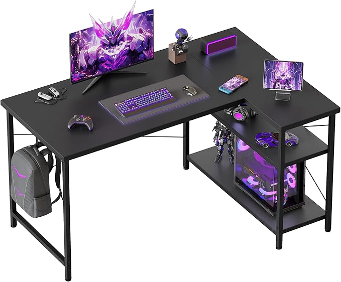 Mericonia Small L Shaped Computer Desk, Reversible Gaming Desk with Storage Shelves, Corner Gamer Desk Table, Study Writing Table