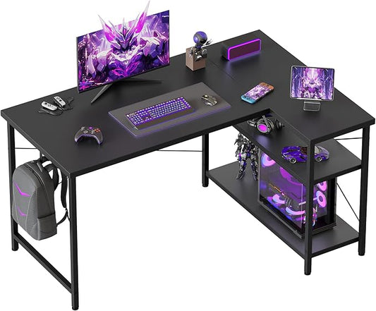 Mericonia Small L Shaped Computer Desk, Reversible Gaming Desk with Storage Shelves, Corner Gamer Desk Table, Study Writing Table