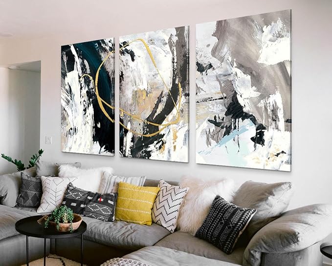 GIFTTWART Oversized Abstract Wall Art – Black White and Gold Canvas Painting with Textured Look for Living Room or Office Decoration
