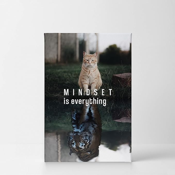 Smile Art Design Mindset is Everyting Brown Cat and Tiger Reflection Motivational Wall Art Canvas Print Inspirational Entrepreneur Quote Office Living Room Decor Gift Ready to Hang 22x15