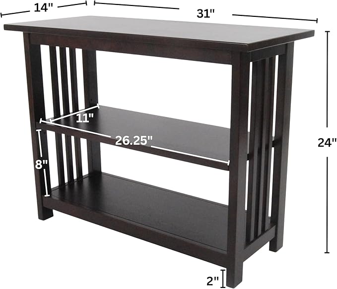 Alaterre Furniture Mission 3-Tier Under Window Bookshelf with Adjustable Middle Shelf and Vertical Slat Side Panels – Space Saving Bookcase for Office, Living Room, or Bedroom (Espresso)