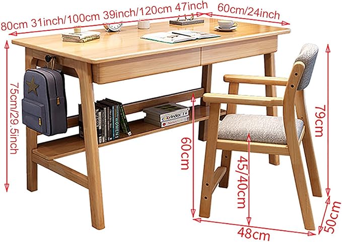 SAZDFY Solid Wood Home Office Desk Workstation, Writing Desk with 2 Drawer and Shelves,Mid Century Modern Computer Desk PC Study Table for Small Spaces(80x60x75cm(31x24x29in), White)