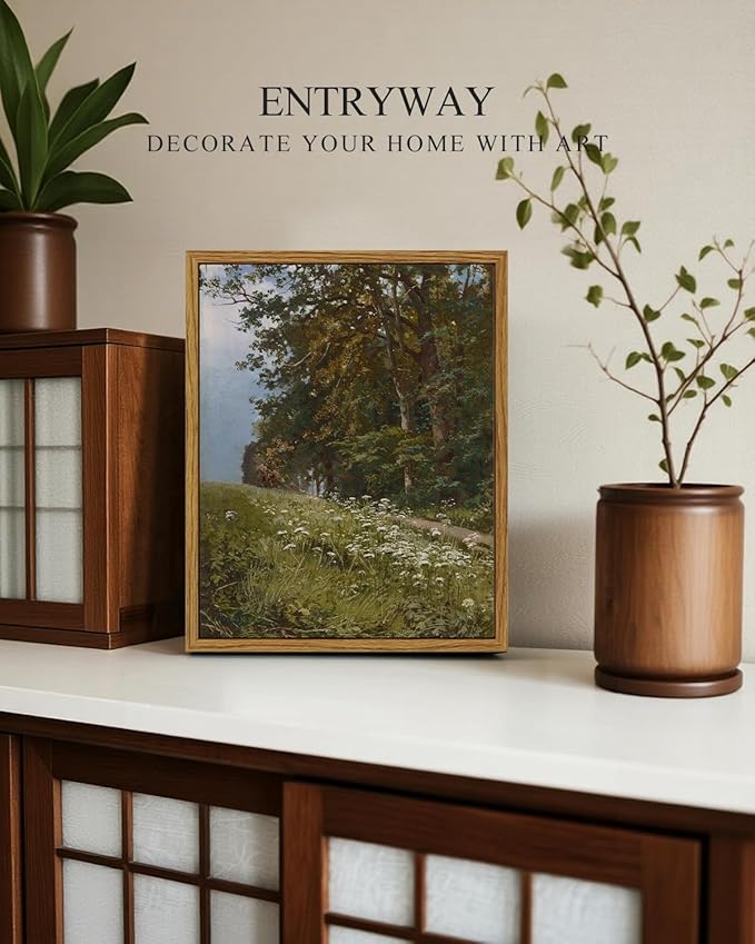InSimSea Framed Canvas Print Art, Vintage Wildflower Landscape Painting, Rustic Farmhouse Cottage Decor for Hallway Wall Floating Shelf Desk Vanity Fireplace,10x8in, Neutral Green Tones