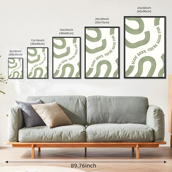 Slow Down You’re Doing Fine Wall Art Retro Minimalist Motivational Quote Music Poster Inspirational Midcentury Song Lyrics Sage Green Canvas Prints for Bedroom Home Decor 8x12inch Black Framed