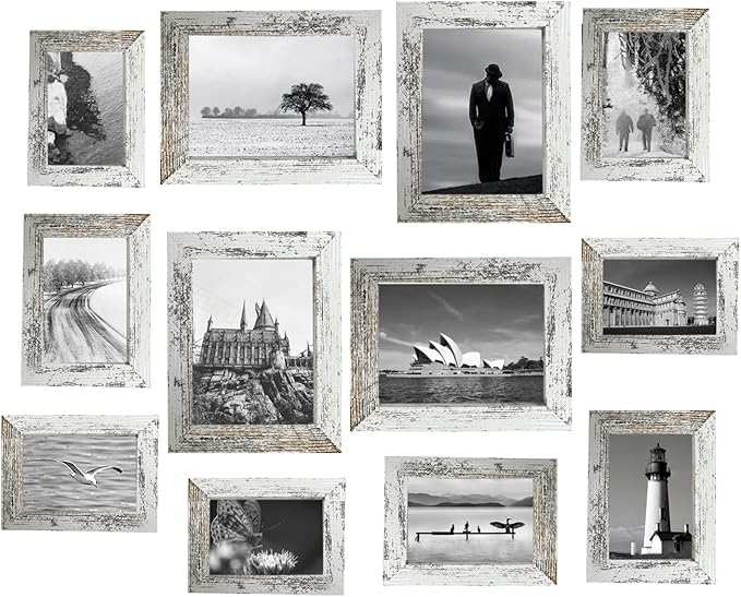 12 Pack Picture Frames Collage Wall Decor Gallery Wall Frame Set with Four 8x10,Four 5x7,Four 4x6 Photo Frames,Farmhouse wood Frames for living room Wall Gallery Decor or Tabletop Display,Rustic White