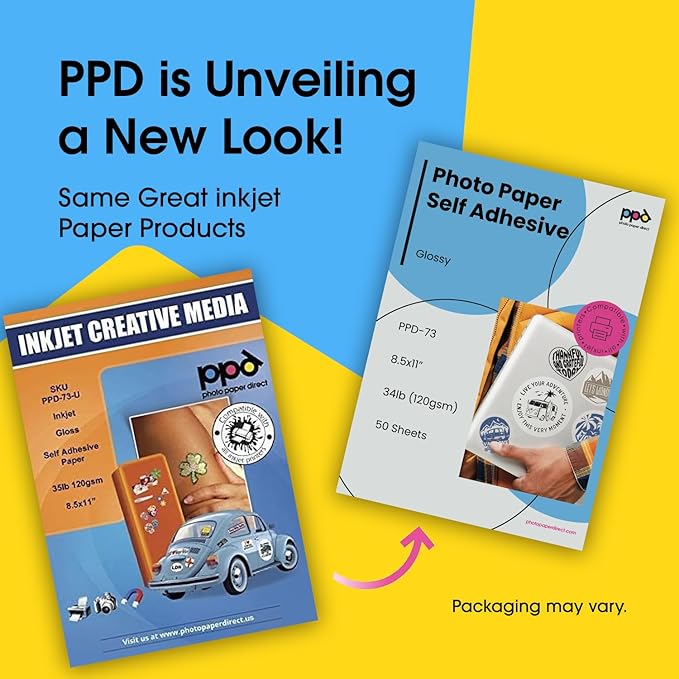 PPD Premium Printable Sticker Paper for Inkjet Printer - 50 Sheets Photo Quality Paper 8.5 x 11 - Self-Adhesive and Instant Dry - PPD-73-50