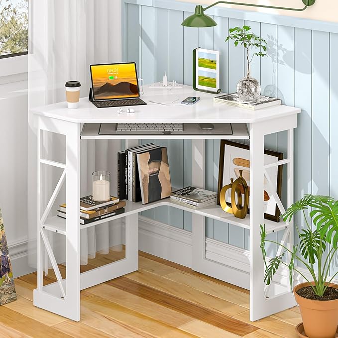 VECELO Corner Computer Desk 41x30 inches with Charging Station & Keyboard & Storage Shelves for Small Space,Triangle Table for Home Office Bedroom,White