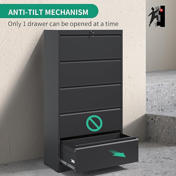 5 Drawer Lateral File Cabinets with Lock,Metal Lateral Filing Cabinet for Home Office,Wide Steel Storage Cabinet Commercial Drawer for Legal/Letter/A4 Size Files Assembly Required