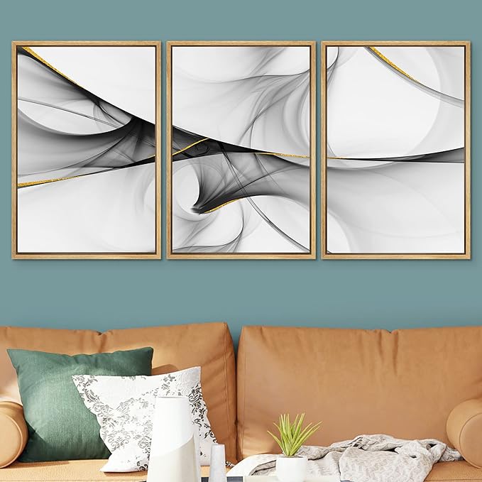 SIGNWIN Framed Canvas Print Wall Art Set 3D Geometric Smoke Wave Landscape Abstract Shapes Illustrations Modern Art Decorative Nordic Zen Chic for Living Room, Bedroom, Office - 16"x24"x3 Natural