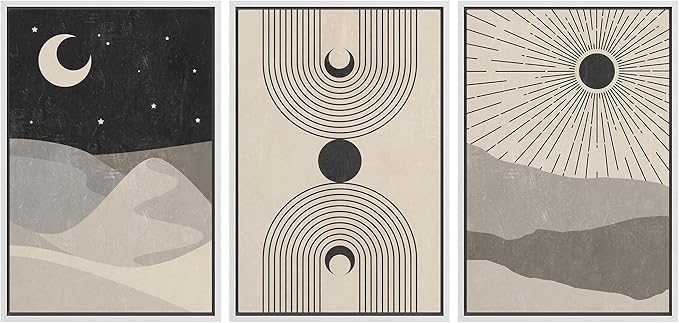IDEA4WALL Framed Canvas Print Wall Art Set Crescent Moon Shining Sun Tropical Desert Astronomy & Space Nature Illustrations Modern Art Rustic for Living Room, Bedroom, Office - 16"x24"x3 White