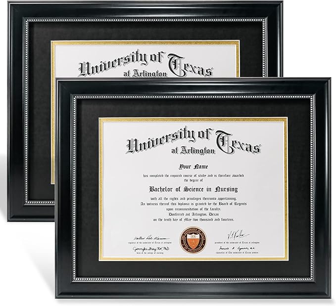 GraduationMall 8.5x11 Diploma Frame with Black over Gold Mat or Display 11x14 Document without Mat, UV Protection Acrylic, Black with Silver Beads, Set of 2