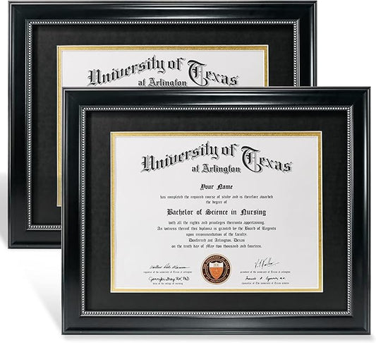 GraduationMall 8.5x11 Diploma Frame with Black over Gold Mat or Display 11x14 Document without Mat, UV Protection Acrylic, Black with Silver Beads, Set of 2