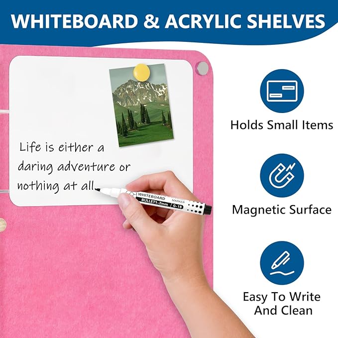 DOLLAR BOSS 3-in-1 Foldable Bulletin Board 16"x24" Horizontal- Magnetic Whiteboard with Cork & Acrylic Shelves, Sound-Absorbing Felt for Home/Office/Dorm Includes Pins/Magnets (Pink)