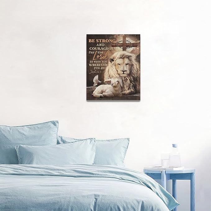 yerretin Lion Of Judah Wall Art Christian Bible Verses Pictures Wall Decor Religious Lamb Lion Canvas Painting Modern Home Artwork for Bathroom Bedroom Office Living Room Framed 16"x20"