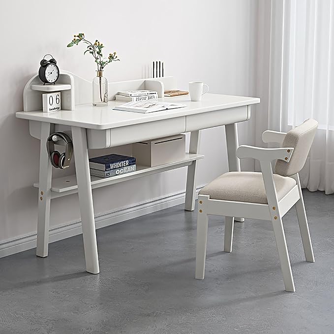 SAZDFY Solid Wood Writing Desk with Drawer and Shelves,Home Office Desk Workstation with Hooks, Modern Work Writing Desk PC Study Table for Small Spaces(100x55x75cm(39x22x30inch), White)