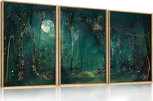 Large Vintage Moon and Star Forest Framed Canvas Wall Art,Mystical Night Sky Scenery Wall Decor,Moody Tree Landscape Artwork,Magical Midnight Art Print for Living Room,Bedroom,Office- 16"x24"x3