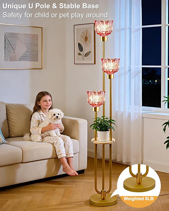 Lightdot Glass Floor Lamp for Living Room 3-Lights Modern Dimmable Gold Floor Lamp with Rose Red Glass Shade & 3000K Bulbs Included Unique Tall Standing Lamp for Bedroom/Sofa Beside/Corner Decor