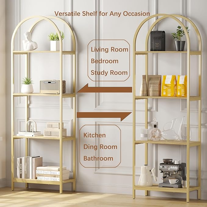 Bookshelf Arched Bookcase, Industrial 4-Tier Open Shelves with Metal Frame, 72" Tall Freestanding Storage Display Rack for Home Office, Living Room, Gold & Nature Wood, Easy Assembly
