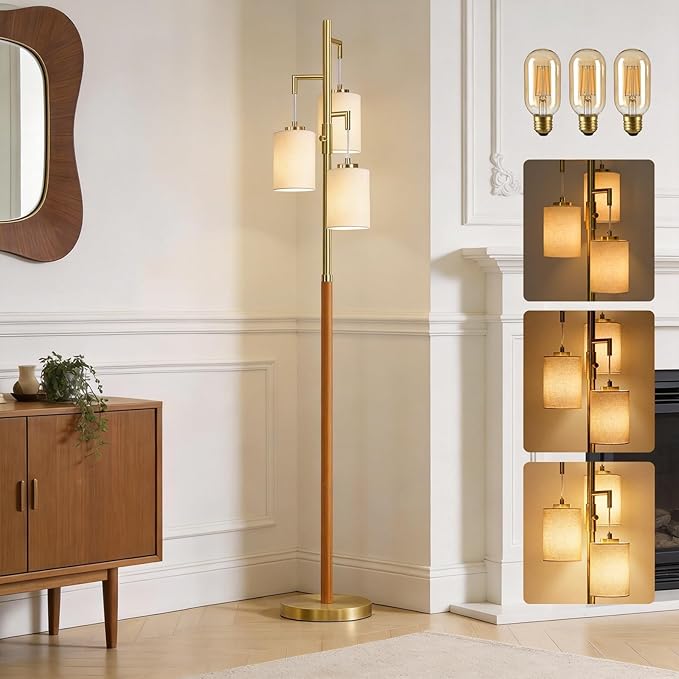 70" Wood Floor Lamp Dimmable Floor Lamps for Living Room Bedroom Mid Century Modern Floor Lamp Gold Standing Lamp Tall Lamps for Office Nursery Reading Elegant Stand Up Lamp, 3 Bulbs Included