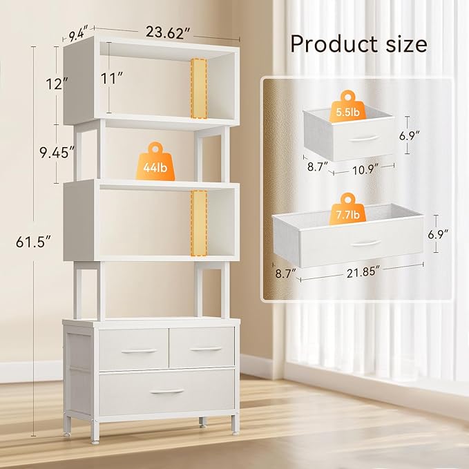 Casaottima 7 Tier Bookshelf, Tall Geometric Bookcase with Fabric Drawers, Modern Display Book Shelves Book Case for Living Room Bedroom, Wood Decorative Standing Shelving Unit for Home Office, White