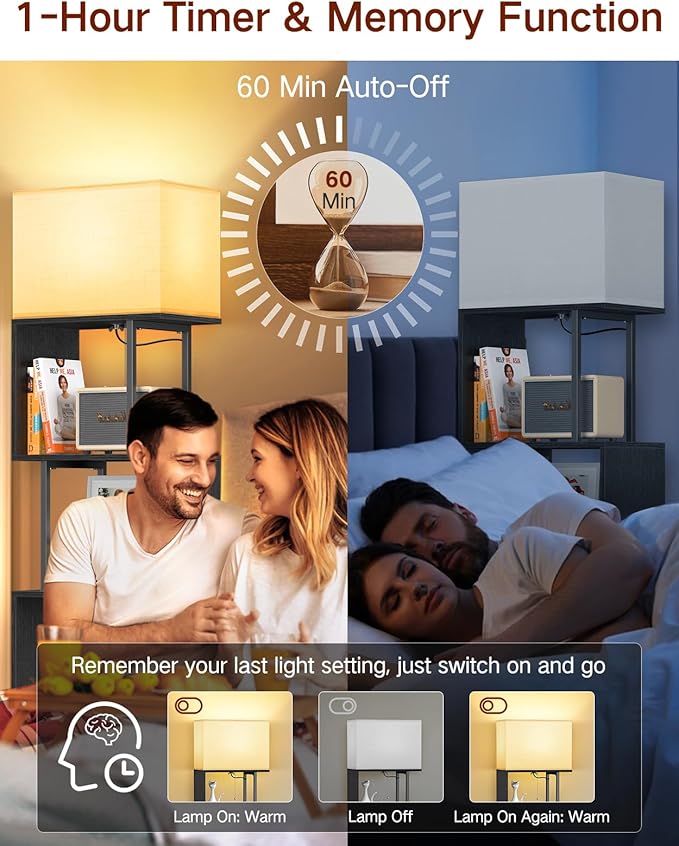 5-Tier Floor Lamp with Shelves & Remote, Dimmable S-Shaped Bookshelf with 3 Color Temperature, 1-Hour Timer, Tall Corner Standing Lamp for Living Room, Bedroom, Office (Black)