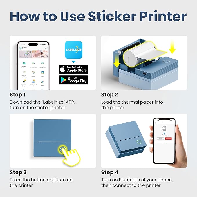 Sticker Printer, PM290C Portable Mini Printer, Inkless Bluetooth Sticker Maker with 3 Rolls Paper, Impresora Portátil for Notes, Journal, DIY, Gift, Print Pod for School/Office/Home, Blue