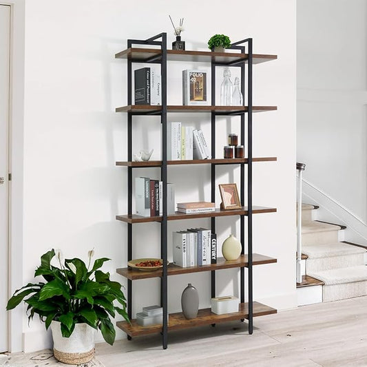 CAPHAUS 6-Tier Book Shelf, 86" H Vintage Industrial Bookcase with Open Display Shelving, Wooden and Metal Shelving Unit, Bookshelves and Bookcases, Stand Shelf for Bedroom, Home Office, Rustic Oak