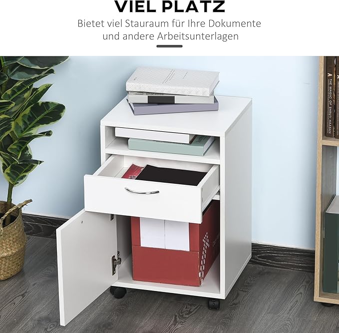 HOMCOM Rolling File Cabinet with Shelf, Office Container with Drawer, Office Cabinet, Storage Container for Office, Study, White, 40 x 35 x 60 cm