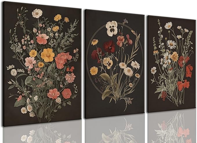 TUEASKY 3 Piece Canvas Wall Art Wildflower Wall Decor Botanical Pictures Floral Paintings Moody Framed Art Vintage Prints Dark Artwork