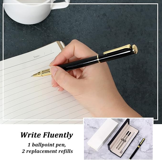 FEIDIAO Beautiful Ballpoint Pen Set,Office Business Signature Ballpoint Pen with 2 Replacement Black Refills, 0.5mm Nib, Black Classic Gift Box, Writing Gift for Men and Women (Black Gold A)