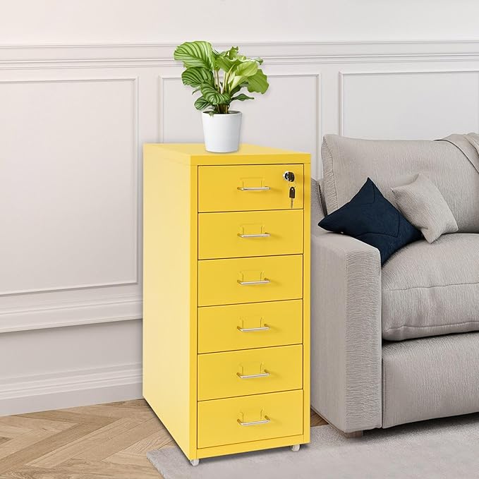 6-Drawer Metal File Cabinet, Metal Filing Storage Vertical Cabinets with Lock Home Office Filing Cabinets for Organization Hanging Letter/Legal/F4/A4 (Yellow)