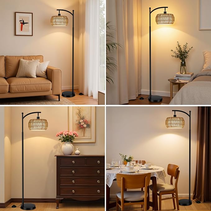 Ambimall Arc Floor Lamp for Living Room with Remote, Color Temperature & Brightness Adjustable, Bohemia Standing Lamp with Rattan & Fabric Double Drum Shades, Bulb Included(Black)
