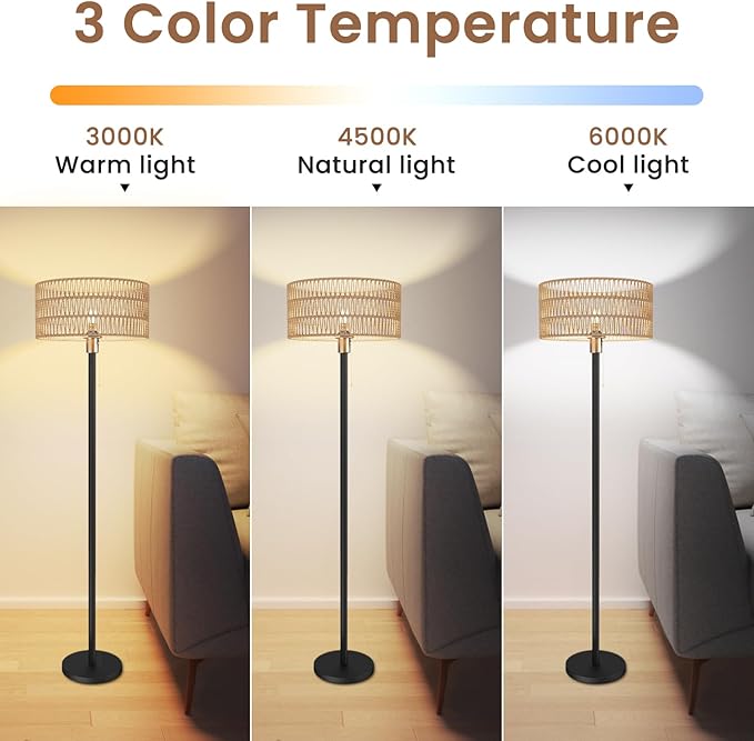 Cordless Rattan Floor Lamp with 3 Color Temperature, Dimmable Rechargeable Farmhouse Floor Lamp with Pull Cord Switch, Boho Tall Standing for Living Room, Includes 2 Bulbs